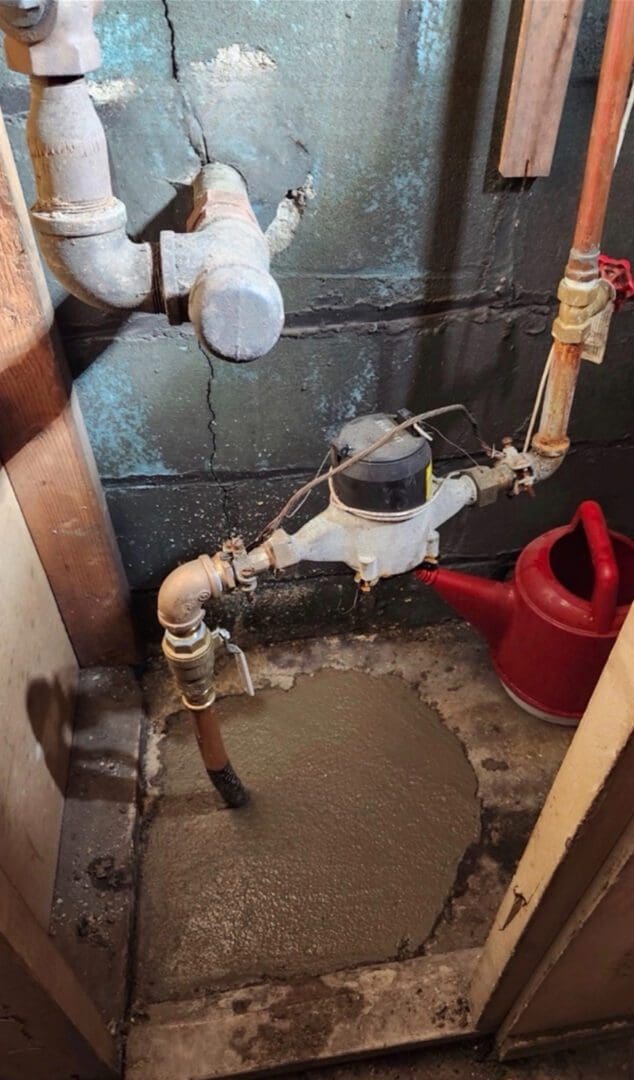 Old water meter and pipes in a basement corner.