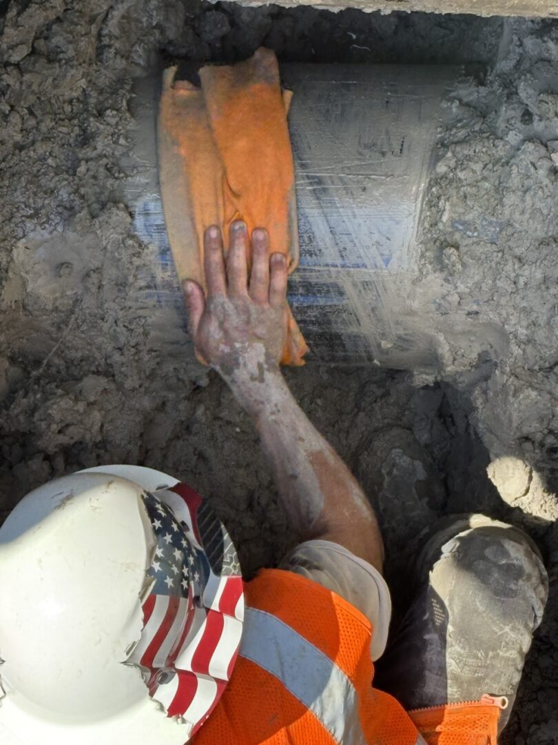 Hands of a worker placing an object into a grave or hole.